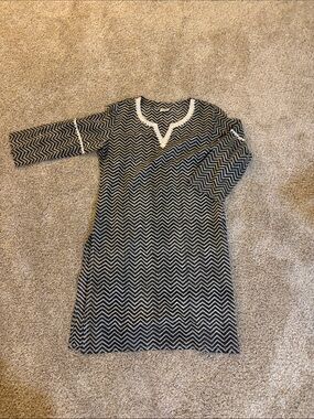 Women's Black and White Chevron Tunic Dress with Lace Trim beach coverup cotton